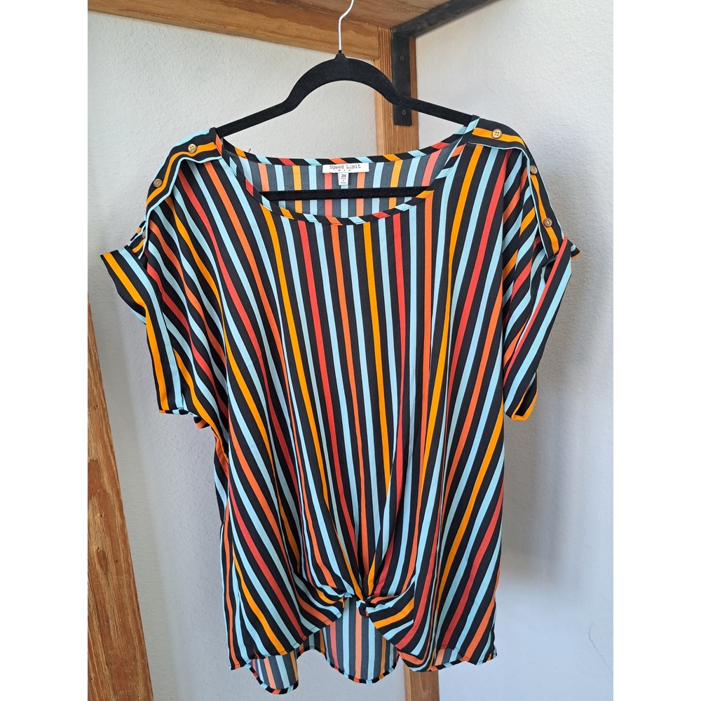 Speed Limit MPH Womens 3X Striped Front Knot Blouse Short Sleeve Button Shoulder